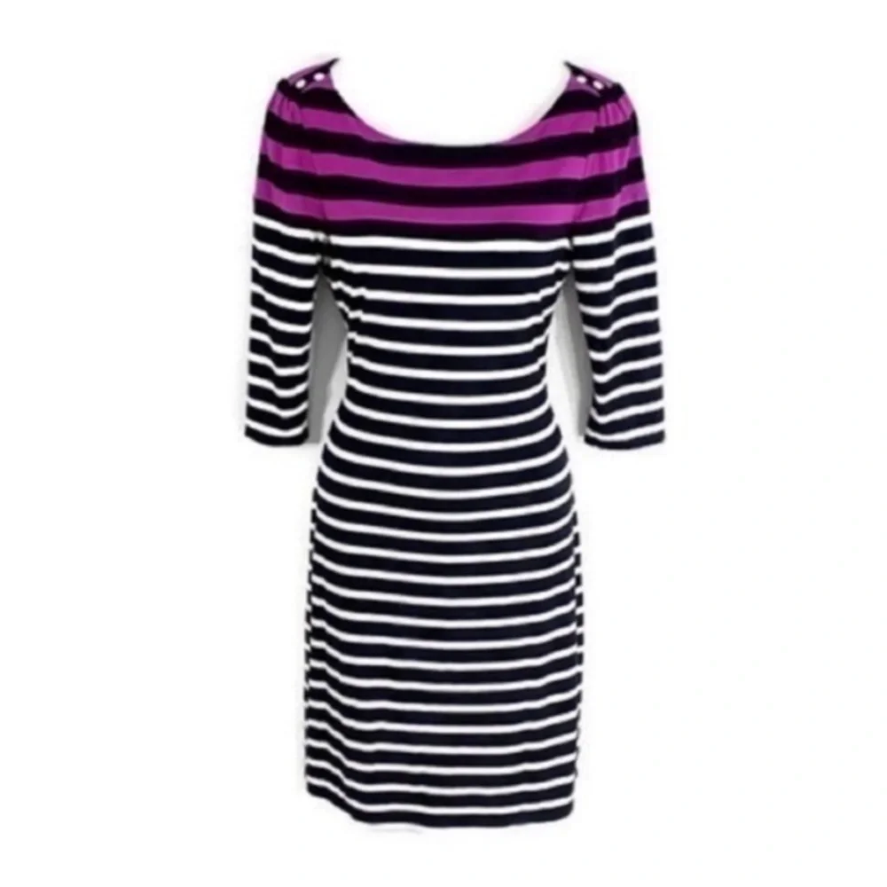 White House Black Market black white magenta stripe 3/4 sleeve dress XS AA6
